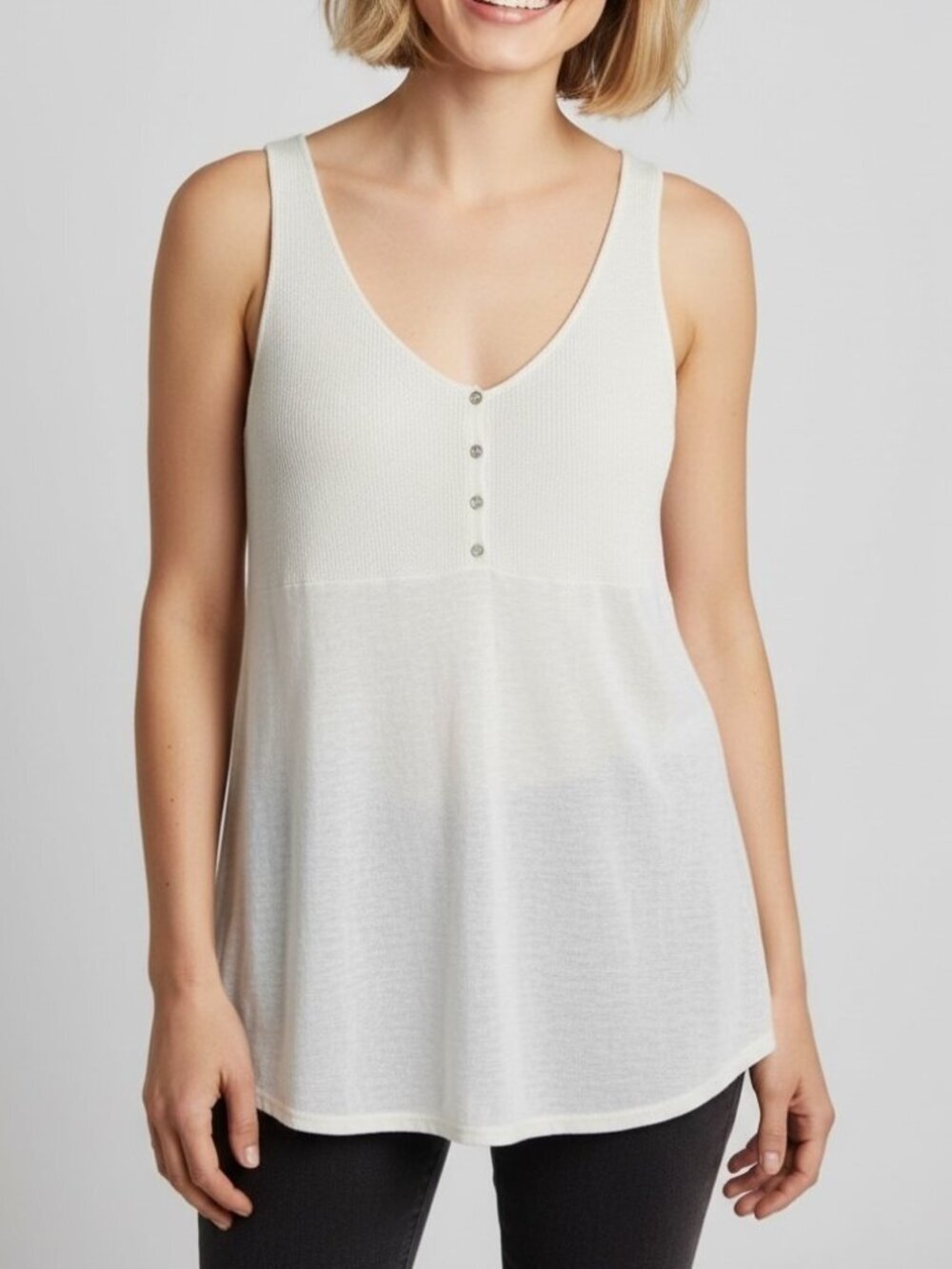 Eileen Fisher White Linen Knit Henley Tank Top Medium Sleeveless Layering Top